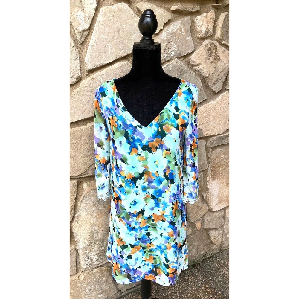ZOUK Dress Size Small S Blue Watercolor Print Lace Trim Lined Excellent